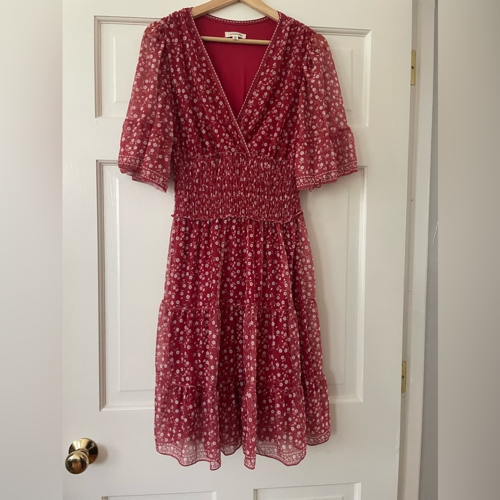 Max Studio Red Floral Flutter Sleeve Tiered Ruffle Dress